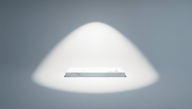 Top down shot of an elegant geometric product mockup stage on a minimalist surface under ultra-clean lighting
