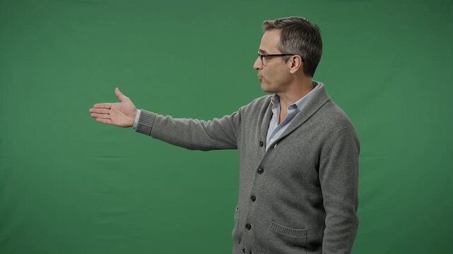 Middle-aged man in gray cardigan and glasses standing against a green screen, gesturing and speaking, ideal for chroma key background replacement, corporate video, or explainer content