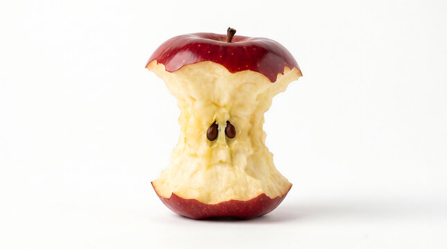 Fresh red apple core with natural stem and seeds displayed on clean white background for food branding