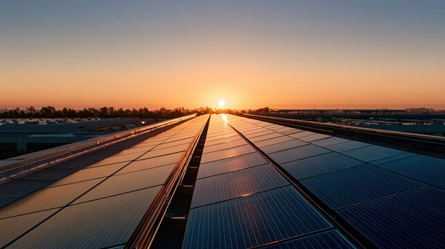 Rooftop solar panels seen from the parapet at sunrise in soft natural light