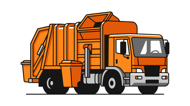 Vector illustration of an orange garbage truck in front three-quarter perspective, heavy-duty refuse collection vehicle for waste management and urban sanitation services.