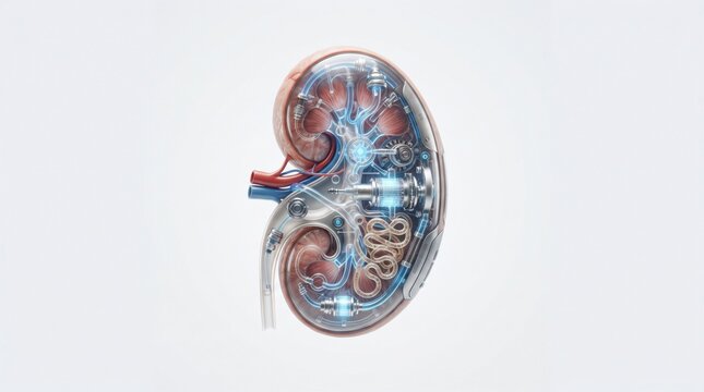 Kidney anatomy medical illustration. Internal structure showing renal cortex, medulla, pelvis, and blood vessels. Detailed digital graphic for healthcare education and research.