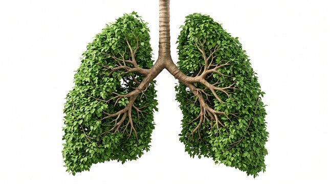 Green lungs tree branches concept illustration. Human respiratory system shaped like foliage and wood trunk. Clean ecology and environmental protection graphic design.