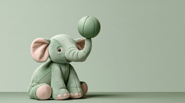 Plush elephant balancing ball on trunk looking proud