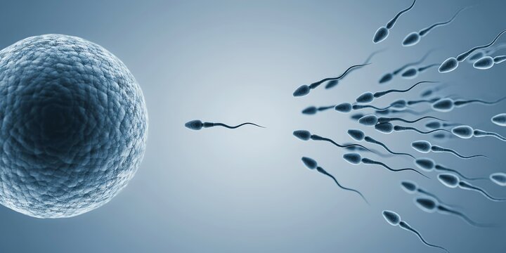 3d illustration of sperm cells racing to fertilize a human egg cell for reproductive health and science