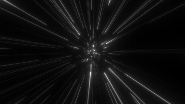 Seamless loop animation of glowing white radial speed lines on a black background and green screen. Fast motion comic burst hyperdrive warp overlay.