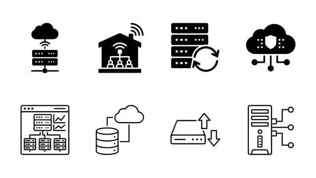 Server and Cloud Technology Icons: A collection of black and white glyph icons representing various server and cloud computing concepts, including data storage, network security.