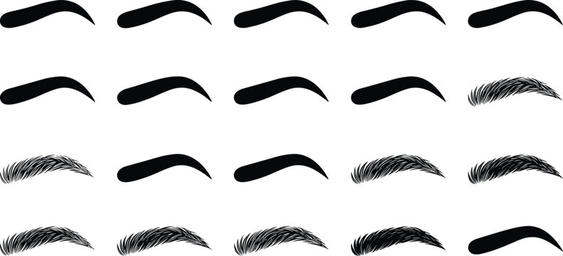 Set of eyebrow vector shapes and black silhouettes with different styles, hair textures, arches, and microblading outlines for makeup, beauty, and grooming design projects