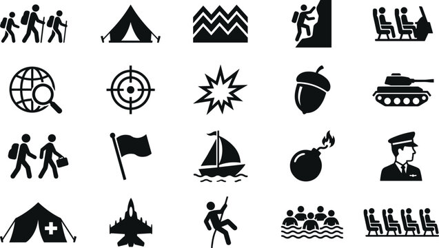Set of outdoor adventure, military operations, and scouting icons featuring camping tents, climbing, hiking, jet fighter planes, targets, and survival web elements