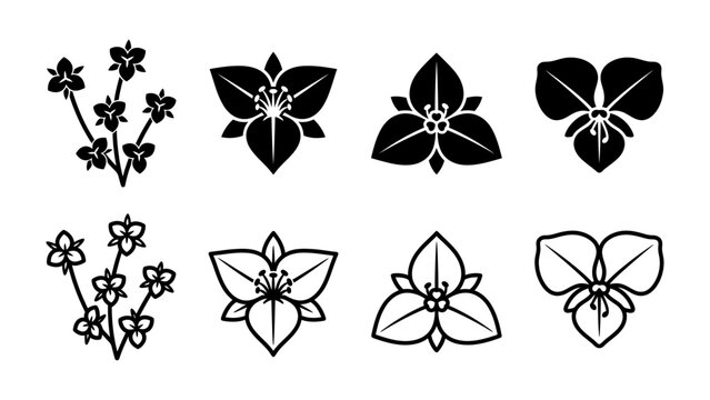 Trillium Flower Icon Set: A collection of stylized black and white trillium flower icons, featuring both solid silhouettes and outline versions, perfect for botanical or nature-themed designs.