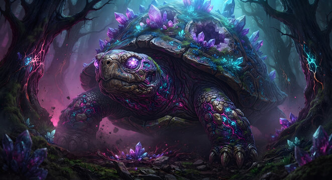 Giant Crystal Turtle in Magical Enchanted Forest, Fantasy Bioluminescent Creature 3D Digital Art
