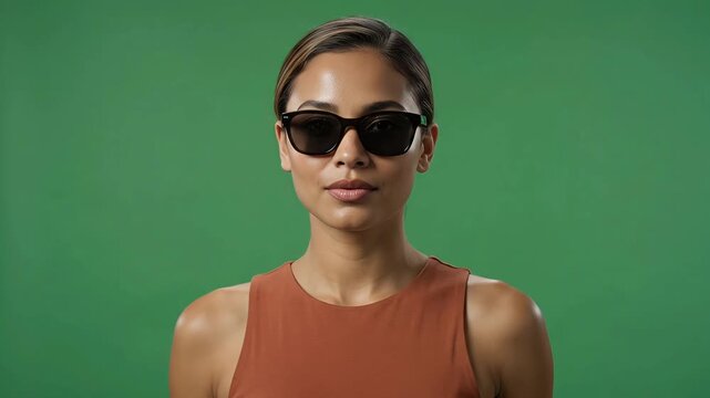 Stylish young woman on a green screen background, slowly putting on dark sunglasses, looking at camera with a confident expression, neutral green backdrop for easy keying, slow motion, commercial use.