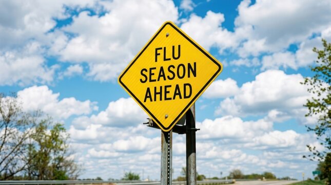 Yellow diamond shaped warning sign with text flu season ahead against a blue sky with white clouds