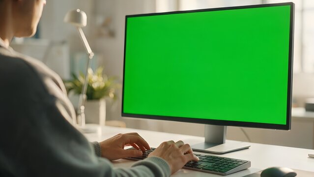 Person Typing on Computer with Green Screen in Home Office