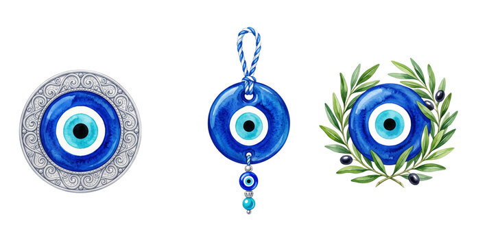  tradition, collection Watercolor Watercolor collection Greek evil eye Mati amulets painted with cobalt blue glass concentric circles and olive leaves