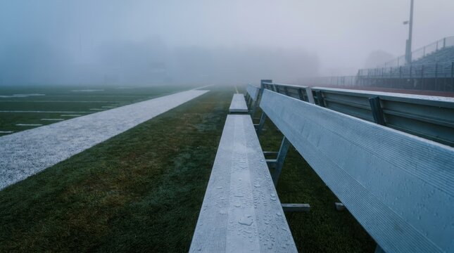 Rain-beaded metal benches facing a fog-shrouded football field sideline