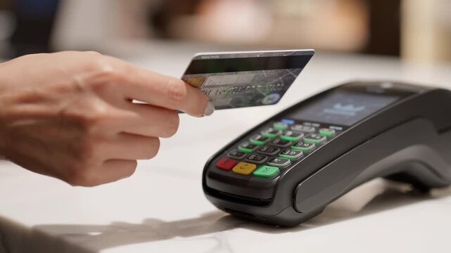 A hand makes a contactless card payment in a clean modern fintech and retail scene.