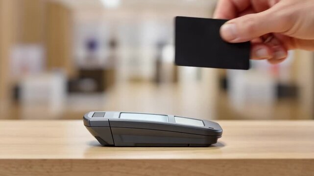 A hand makes a contactless card payment in a clean modern fintech and retail scene.