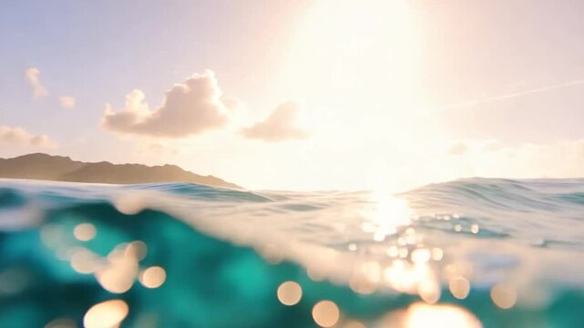 A turquoise ocean wave rolls toward the camera and creates an immersive tropical water transition.