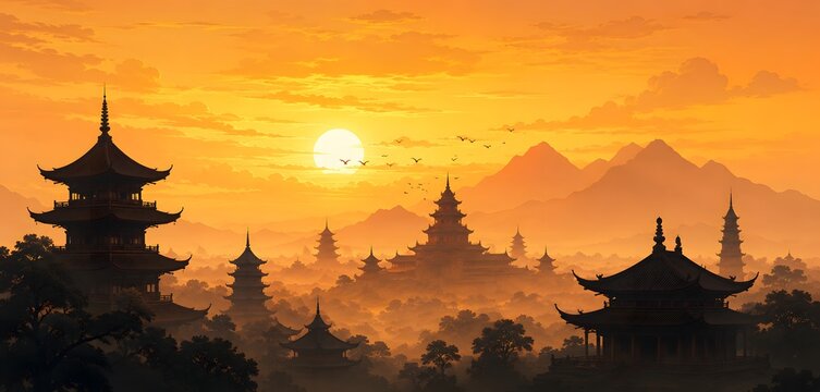 Asian Pagoda Silhouette at Sunset Landscape
