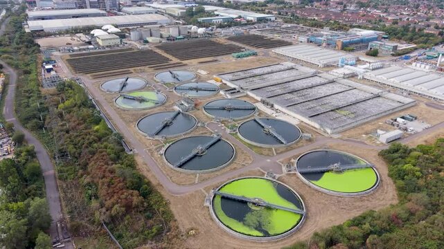 Aerial view of wastewater treatment plant in Edmonton, London, United Kingdom.