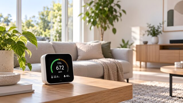 Indoor Air Quality Monitor Measuring CO2 in Modern Living Room