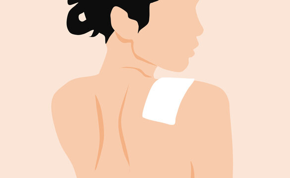 肩にシップを貼る女性のイラスト