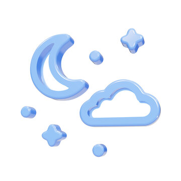Blue glossy 3D crescent moon cloud and stars icon on black background