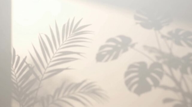Botanical shadow of tropical leaves on minimalist beige background with soft sunlight shadow, palm leaves, and monstera leaves in organic patterns