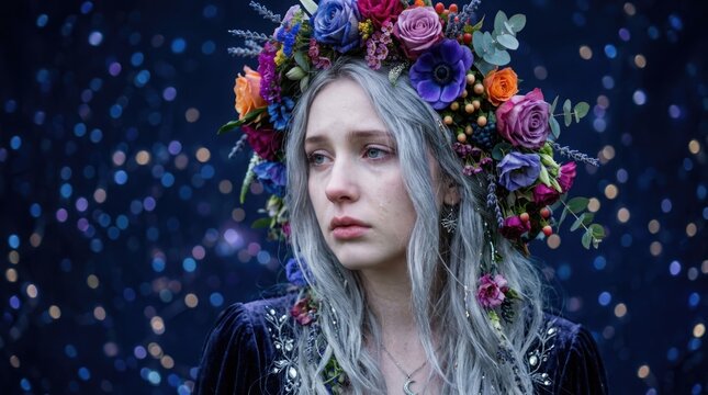 Portrait of a young woman with silver hair wearing a colorful flower crown against a dark background