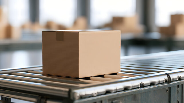 Cardboard box sits on a roller conveyor belt inside a distribution warehouse ready for shipping.