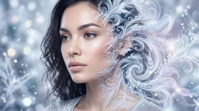 Portrait of a beautiful young woman with magical ice crystals and glowing frozen swirls around her face