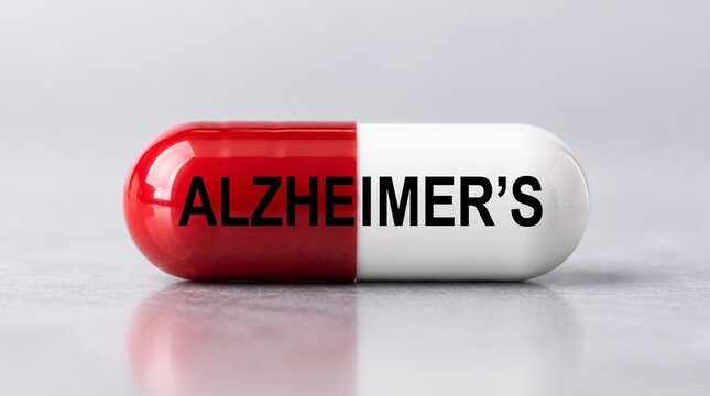 Close-up of a red and white medical capsule pill with the word Alzheimer's written on it, resting on a light reflective background. Medication, treatment, and neurology concept
