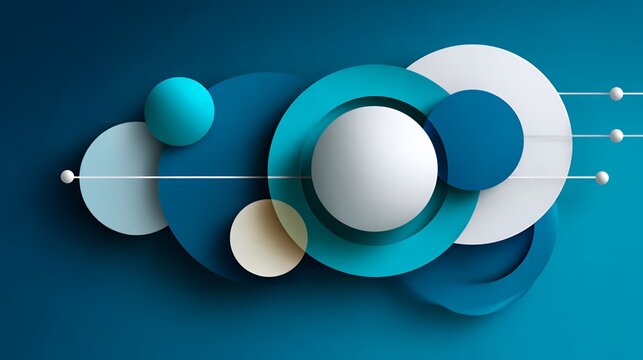 Modern minimal abstract background with 3D overlapping geometric circles in teal and blue colors with paper cut style shadows