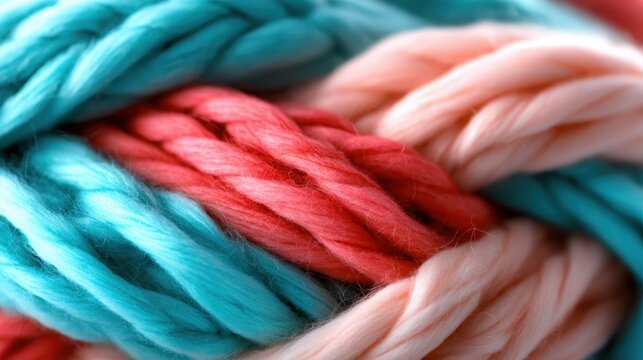 A vibrant close-up image of twisted yarn in lively colors showcasing a blend of turquoise, coral, and pink hues, ideal for crafting enthusiasts and those appreciating textile artistry.