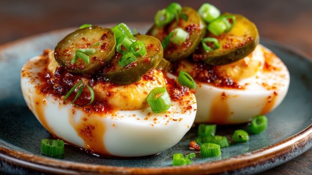 A mouthwatering display of deviled eggs topped with spicy pickles and green onions, beautifully styled on a plate, perfect for appetizers or elegant gatherings showcasing culinary creativity.