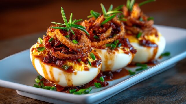 A plate of delicious deviled eggs garnished with crispy fried onions and a touch of sauce, showcasing a beautiful presentation perfect for gourmet gatherings and events.
