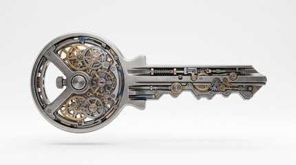 Steampunk clockwork key photo. Detailed metallic mechanism with visible gears, springs, and cogs inside a skeleton structure. Industrial technology concept for security, time, and access.