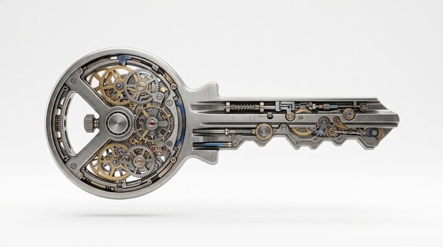 Steampunk clockwork key photo. Detailed metallic mechanism with visible gears, springs, and cogs inside a skeleton structure. Industrial technology concept for security, time, and access.
