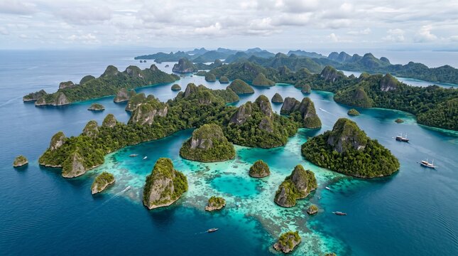 Aerial view of tropical karst islands in turquoise ocean water