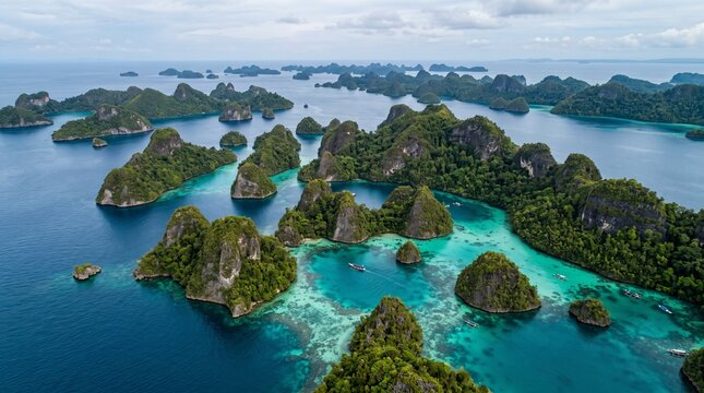 Aerial view of tropical karst islands in Raja Ampat Indonesia