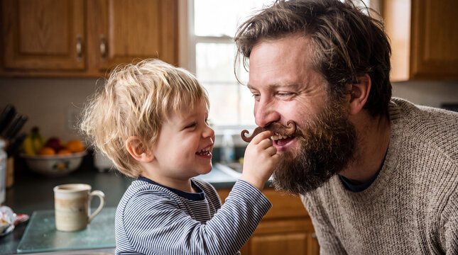 A joyful toddler puts a curly mustache on his father in a bright kitchen for Movember men's health awareness and family content.