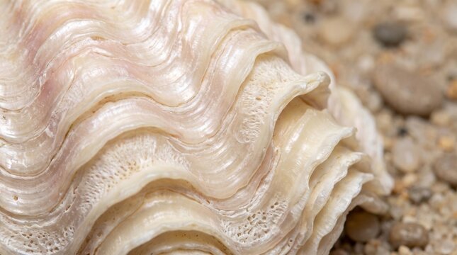 Macro seashell texture on sandy beach, wavy white clam shell close up, organic marine pattern background for spa and wellness