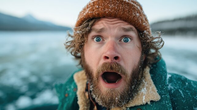 A man with curly hair and a brown beanie shows a shocked expression against a snowy background, capturing the essence of winter surprises and natural beauty in action.