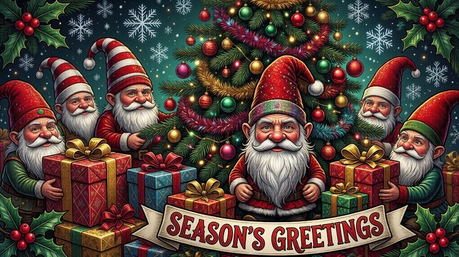 Six festive gnomes gather around a glowing Christmas tree, surrounded by gifts, ornaments, snowflakes and holly in a joyful holiday scene.