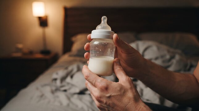 Baby Bottle with Milk Held by Parent in Bedroom: Night Feeding Routine, Formula Preparation, Infant Nutrition, Newborn Care, and Calming Bedtime Support Tips for Exhausted Parents