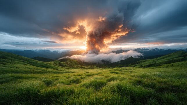A breathtaking scene of a dramatic sunset amplifying a spectacular cloud formation in the mountains. This image evokes the power of nature and the beauty of the twilight sky.