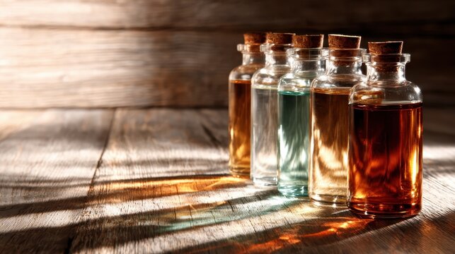 An artistic arrangement of glass bottles filled with vibrant colored liquids against a rustic wooden background, creating a striking visual appeal relevant to creativity and design.