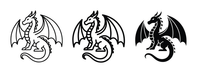 Fototapeta premium Dragon Icons Set, Mythical Creature Vector Graphics, Fantasy Beast Symbols, Black and White