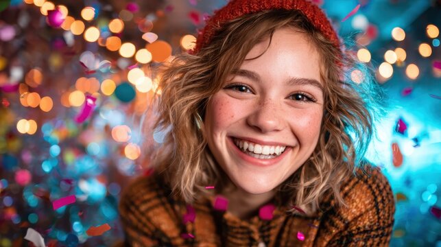 A smiling young woman enjoys a festive atmosphere filled with colorful confetti, embodying happiness and the joy of celebration in a vibrant setting.